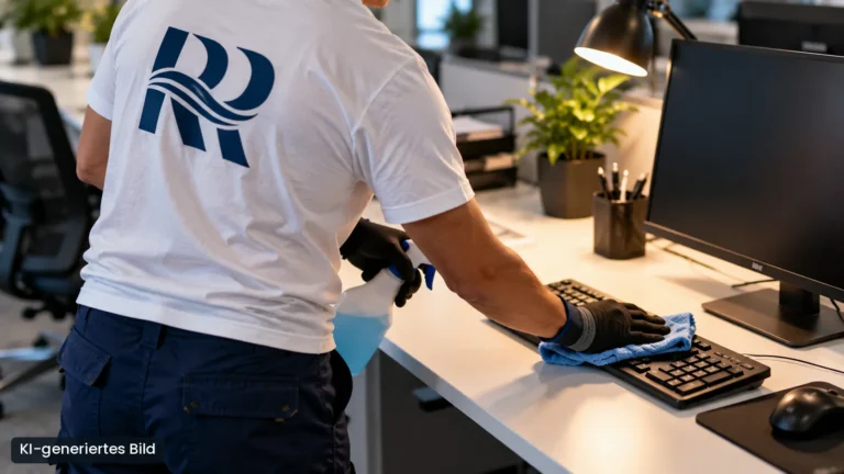 Ruhr-Rein Mitarbeiter wischt eine Schreibtischfläche im Büro ab