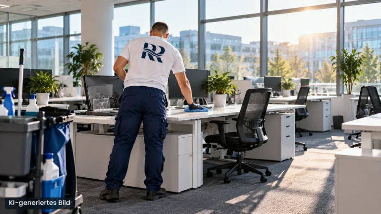 Reinigungskraft von Ruhr-Rein bei der Unterhaltsreinigung in einem Großraumbüro